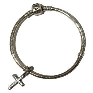 Pandora Bracelet, Sterling Silver with Pandora Clasp and Sparkling Cross Charm